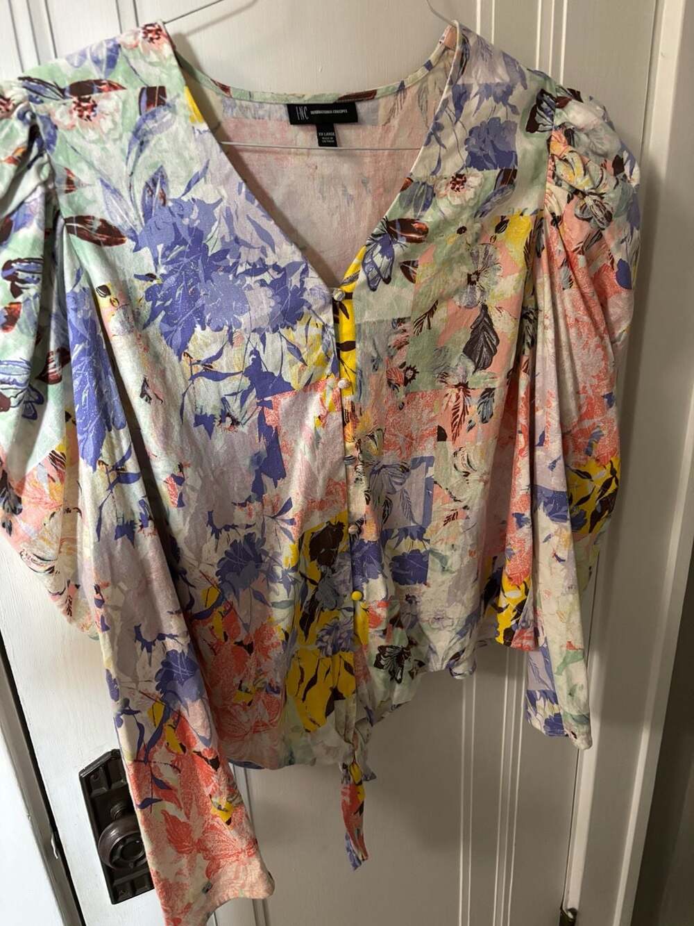 INC International Concepts Floral Puff-Sleeve Tie-Front Top, Size XXL